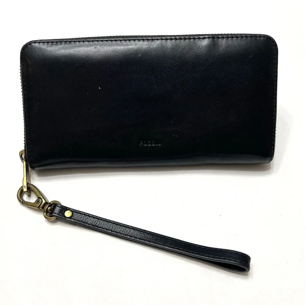Fossil Zip Around Wristlet Emma Black RFID Large Leather Clutch Women’s Classy